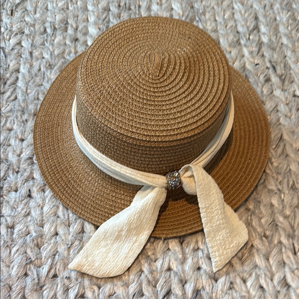 Tan Sun Hat with Cream Ribbon NWOT